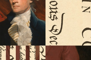 Collage illustration of a founder, Declaration of Independence, and the body of an enslaved person whose arms are in chains.