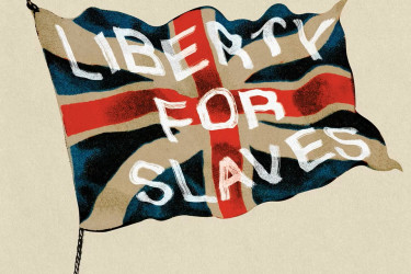 British flag with writing that says, "Liberty for Slaves."