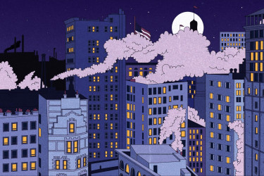 A drawing of steam floating above buildings in Manhattan.