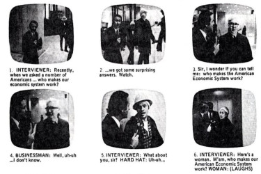 Screen shots and captions from a public service campaign about the economy.