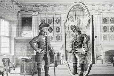 Illustration of a founding father standing in front of a distorted mirror.