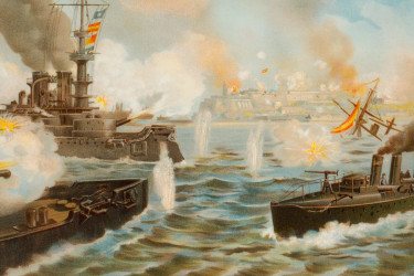 When the U.S. Navy was half the age it is now: an artist’s depiction of American warships bombarding San Juan, Puerto Rico on May 12, 1898 during the Spanish-American War. (Photo by: Universal History Archive/Universal Images Group via Getty Images)