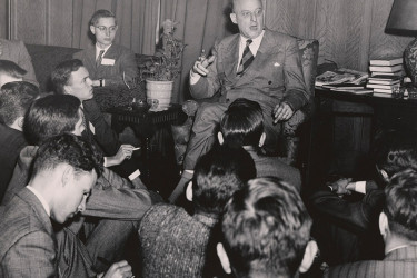 Reinhold Niebuhr holding court in New York, 1949
