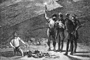 A lithograph illustrating the discovery of iguanodon fossils in Bernissart, Belgium, 1878