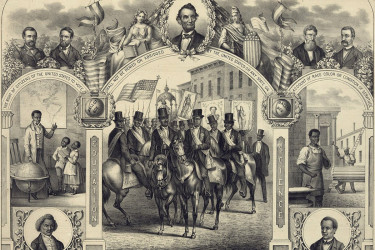 Illustration showing Black education, skilled work, and military service, as results of the 15th amendment.