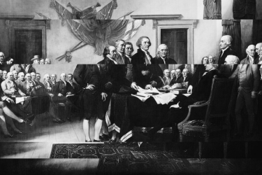 Sliced and shifted John Trumbull painting of the signing of the Declaration of Independence.