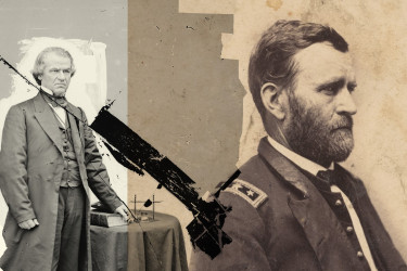 Andrew Johnson portrait looking over the shoulder of Ulysses S. Grant portrait.