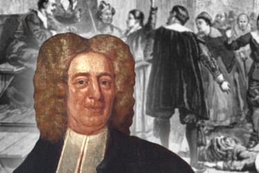 Portrait of Reverend Cotton Mather by Peter Pelham, 1727; and woman having seizure at Salem Witch Trials.