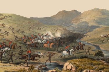 Painting of a colonial battle in Africa.