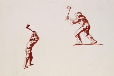 Drawing of two men with axes.