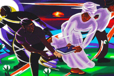 In a cotton field at night, a Black man scouts with a lantern, while a black woman passes a book to two fleeing men.