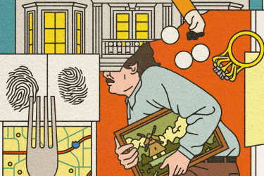 A man stealing a painting, with images of maps, fingerprints, rings, and a building.
