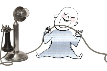 Illustration of a baby chewing on the cord of an old candlestick telephone.