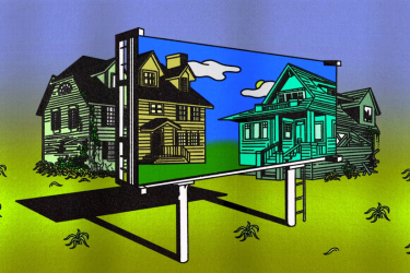 A billboard advertising nice homes while hiding the dilapidated state of the homes behind it.