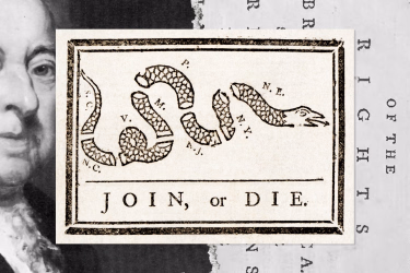 John Adams, Jefferson's pamphlet on the Rights of British America, and Franklin's "Join or Die" cartoon.