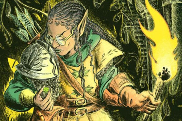 An illustration of a Black woman elf in a fantasy setting.