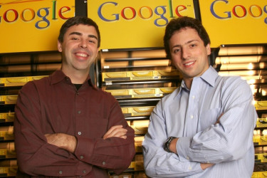 Larry Page and Sergey Brin in front of Google's servers.