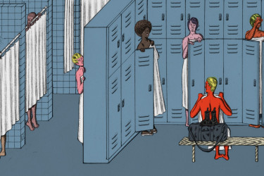 Locker room in which men are hiding behind towels and curtains.