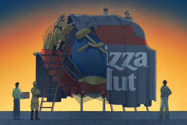 Illustration of draping a Pizza Hut tarp over the Hammer and Sickle.