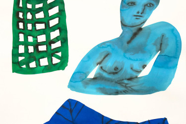 An abstact piece of a naked blue woman and a cage.