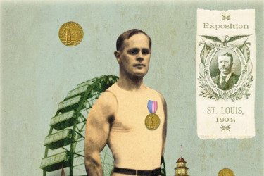A collage of George Eyser, St. Louis imagery, and Olympic medals.