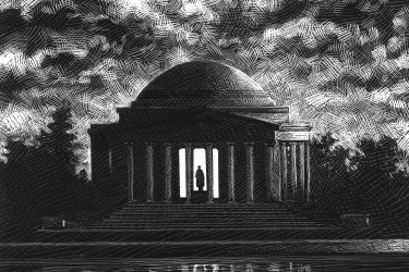 The Jefferson Memorial, with storm clouds outside, and light from within.