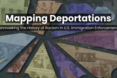 Title card of the U.S. as a pie chart with photos of immigrants.