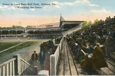 Spectators watch the Atlanta Crackers play at Ponce de Leon Park. Postcard from 1915.