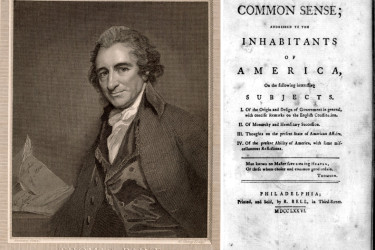 Thomas Paine alongside the front cover of "Common Sense"