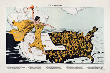 Political cartoon of women in the eastern US reaching for a suffragist who is carrying a torch from the western US.