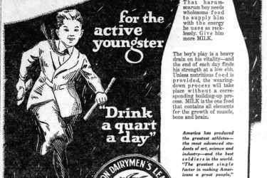 Newspaper ad for milk, recommending "the active youngster" should "drink a quart a day."