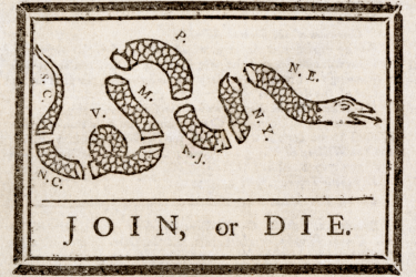 "Join, or Die" political cartoon of the snake in pieces representing colonies.