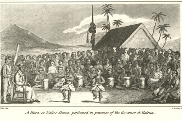 This 1822 sketch is believed to depict Kaomi Moe as the standing kahili bearer at left, attending to his aikāne Kuakini.