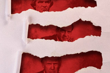White paper peeled back to reveal presidents Andrew Johnson, Richard Nixon and Donald Trump in red stripes.