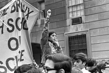 Demonstrators at an anti-Vietnam War protest held at Bronx Science High School in New York in April 1968.