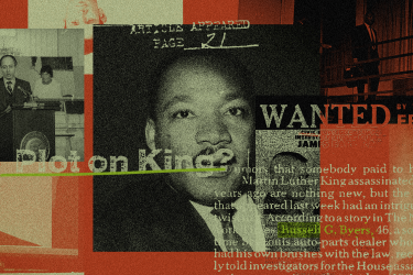 Pictures of Martin Luther King Jr. with a red background, and with words talking about his assassination.