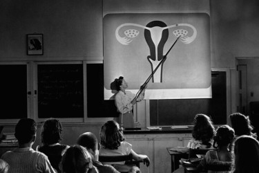 A teacher points to an ovary on a diagram of reproductive organs projected in a classroom.