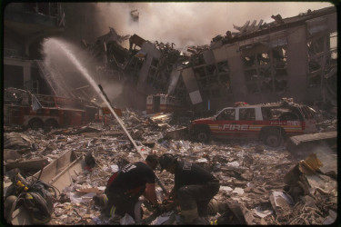 Firefighters in the rubble of the World Trade Center.