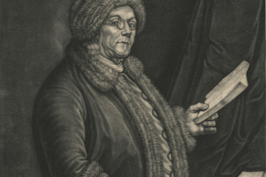 Portrait of Benjamin Franklin (1777) holding a book.
