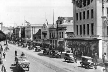 Ford Model T's lining a street in Port Elizabeth, South Africa.