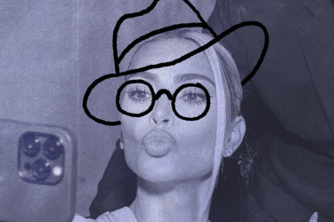 Illustration of Kim Kardashian taking a selfie with drawn-on glasses and hat to resemble James Joyce.