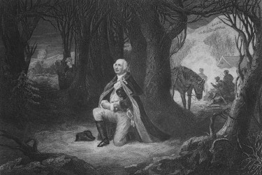 Engraving of Washington kneeling, entitled "The Prayer at Valley Forge"