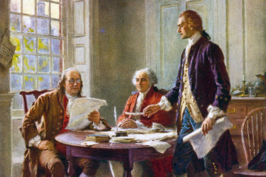 Benjamin Franklin reading a draft of the Declaration of Independence.