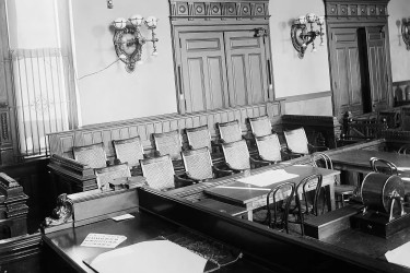 A jury box in a courtroom.