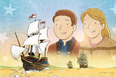 An illustration of two children watching English ships sail to the American colonies.