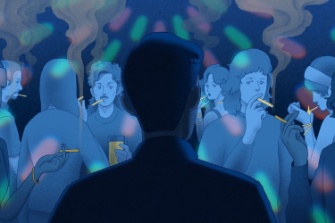 Illustration of young white people smoking weed.