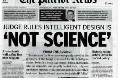 A newspaper with the headline "Judge Rules Intelligent Design is 'Not Science.'"