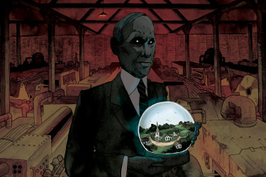 Illustration of Henry Ford looking evil holding a town in his hand standing in a factory.