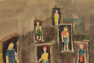 1952 artwork of six different people standing in separate boxes.