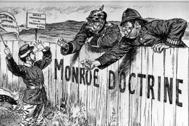 Political cartoon depicting the Monroe Doctrine as a fence keeping Germans and British out of the Americas.